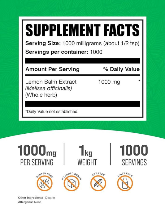 BulkSupplements.com Lemon Balm Extract Powder 1000mg per 1kg (2.2 (2.2 lbs) 1)