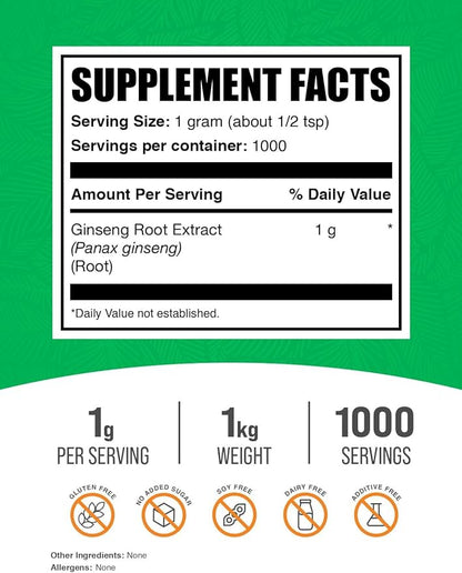 BulkSupplements.com Ginseng Root Extract Powder - Ginseng Supplement, Ginseng Herbal Supplements, Panax Ginseng - Vegan & Gluten Free, 1000mg per Serving, 1kg (2.2 lbs) (Pack of 1)