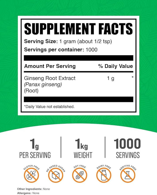 BulkSupplements.com Ginseng Root Extract Powder - Ginseng Supplement, Ginseng Herbal Supplements, Panax Ginseng - Vegan & Gluten Free, 1000mg per Serving, 1kg (2.2 lbs) (Pack of 1)