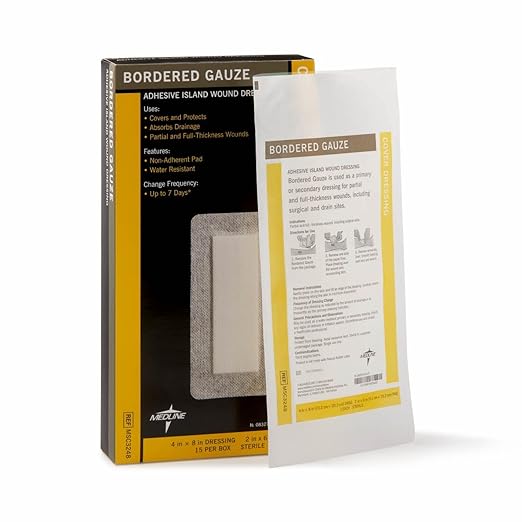 Medline Sterile Bordered Gauze, 4" x 8" with 2" x 6" Pad 15)