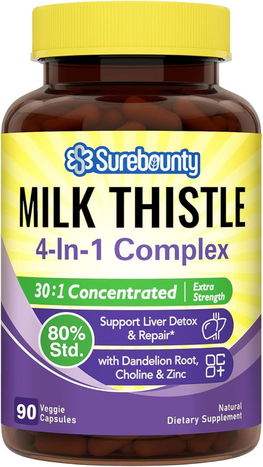 4-in-1 Milk Thistle Complex for Men 30X Milk (80% Silymarin), 90 Veggie
