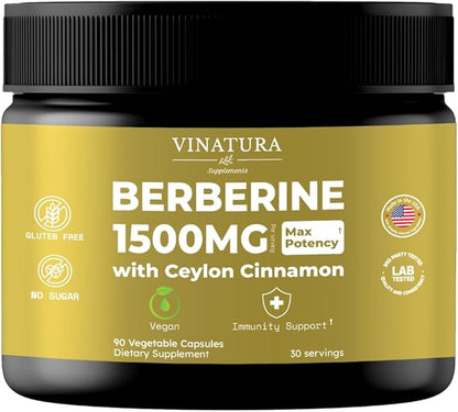 Berberine 1500mg - Berberine Supplement with Ceylon Cinnamon, Max Potency Berberine HCL - 90 Capsules