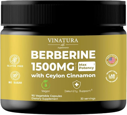 Berberine 1500mg - Berberine Supplement with Ceylon Cinnamon, Max Potency Berberine HCL - 90 Capsules