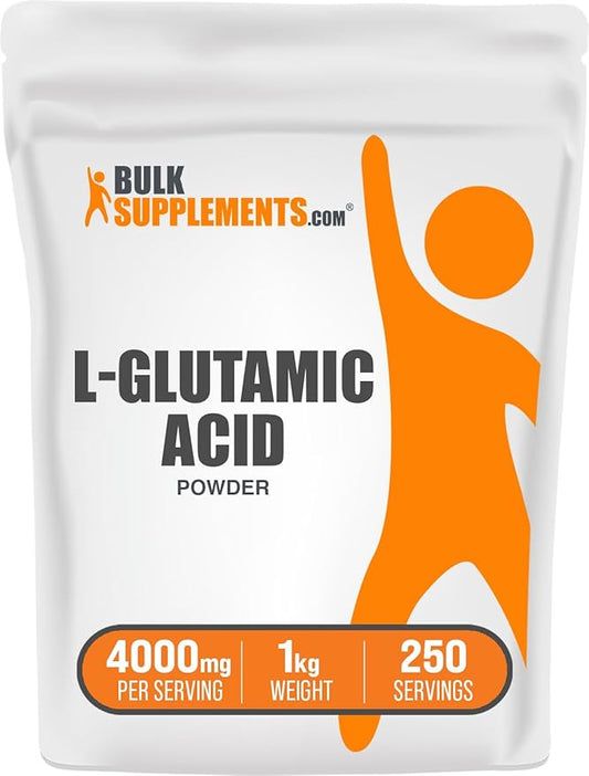 BulkSupplements.com L-Glutamic Acid Powder - Glutamate Supplement, Amino Acid Supplement - for Gut Health, Gluten Free, 4000mg per Serving, 1kg (2.2 lbs) (Pack of 1)