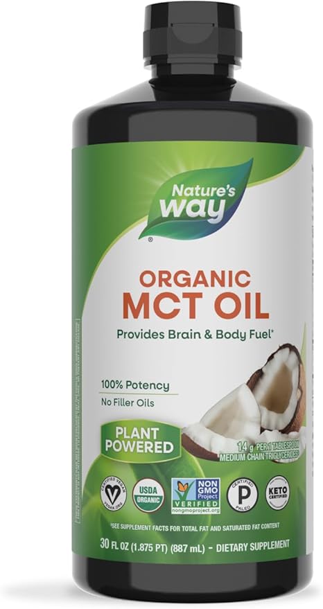 Nature's Way Organic MCT Oil, 30 Fl Oz, Brain and Body Fuel from Coconuts*, C8 Caprylic Acid and C10 Capric Acid, Keto and Paleo Certified, Organic, Non-GMO Project Verified (Packaging May Vary)