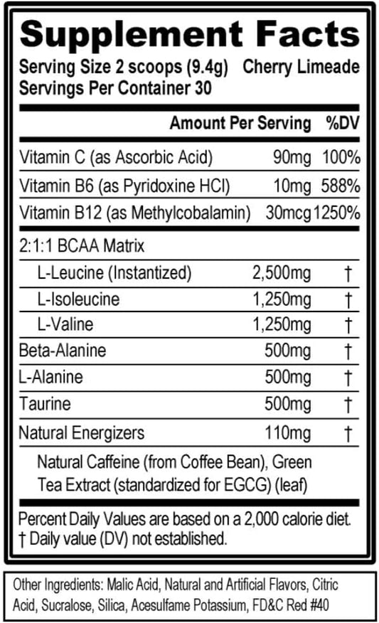 EVL BCAAs Amino Acids Powder - BCAA Energy Pre Workout for Muscle Recovery Lean Growth and Endurance - Rehydrating Post Workout Recovery Drink with Natural Caffeine - Cherry Limeade