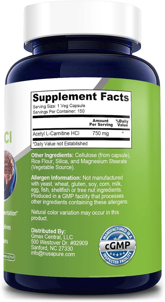 NusaPure Acetyl L-Carnitine 750mg per Caps 150 Veggie