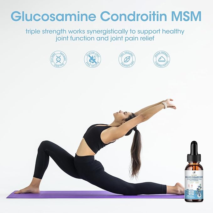 Glucosamine Chondroitin Liquid Drops with MSM Turmeric Boswellia Quercetin Bromelain-Vegan, Antioxidant Support for Back,Knee,Hands-Joint Support Supplement Healthy Joints, Mobility Cartilage