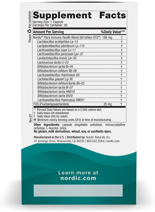 Nordic Naturals Nordic Flora Probiotic Immune Health, 30 Capsules, 15 Probiotic Strains for Immune and Digestive Health Support, Vegan, 30 Servings