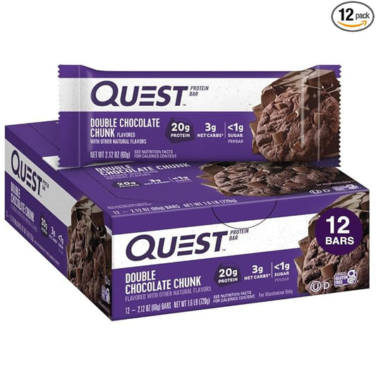 Quest Nutrition Double Chocolate Chunk Protein Bars, 20g Protein Bars, 1g Sugar, 4g Net Carb, Gluten Free, Keto Friendly, 12 Count