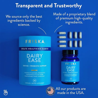 FRISKA Dairy Ease | Digestive Enzymes and Probiotics Supplement | Promotes Better Digestion | Natural Lactose Intolerance Relief & Support | 30 Capsules