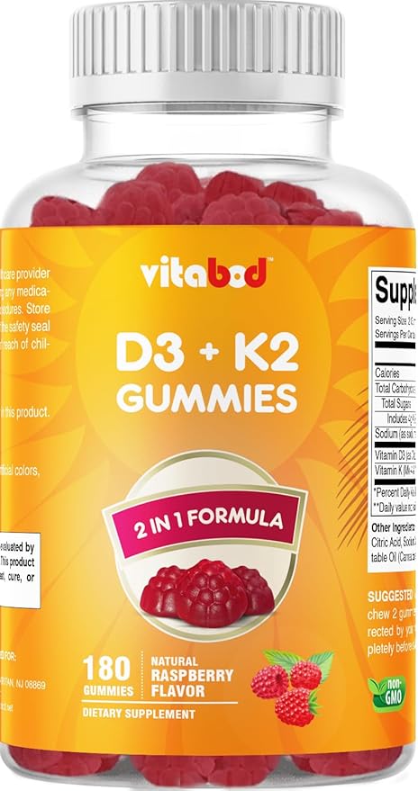 Vitamin D3 + K2 Gummies – Bone & Heart Health Support – 180 Pectin-Based Vegan Gummies