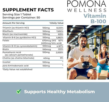 Pomona Wellness Vitamin B Complex Supplement 10 B B12, Supports 50 Tablets