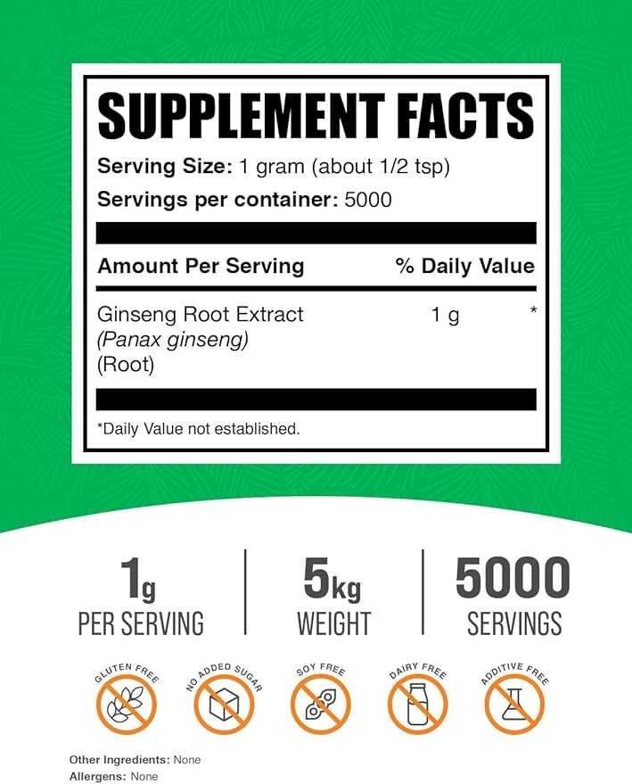 BulkSupplements.com Ginseng Root Extract Powder - Ginseng Supplement, Ginseng Herbal Supplements, Panax Ginseng - Vegan & Gluten Free, 1000mg per Serving, 5kg (11 lbs) (Pack of 5)