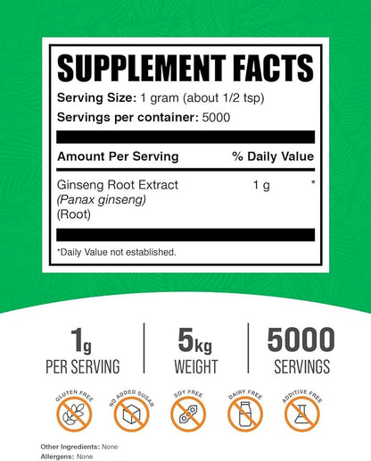 BulkSupplements.com Ginseng Root Extract Powder - Ginseng Supplement, Ginseng Herbal Supplements, Panax Ginseng - Vegan & Gluten Free, 1000mg per Serving, 5kg (11 lbs) (Pack of 5)