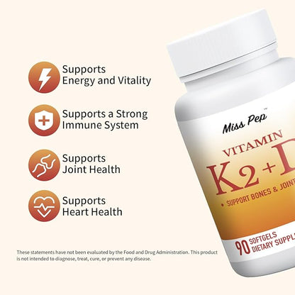 Vitamin D3 K2, 5000 IU D3 and 100 mcg K2 (MK-7), with Sunflower Oil Softgels, 90 Softgels, 2-in-1 Formula, Easy to Absorb and Swallow (1 Bottle)