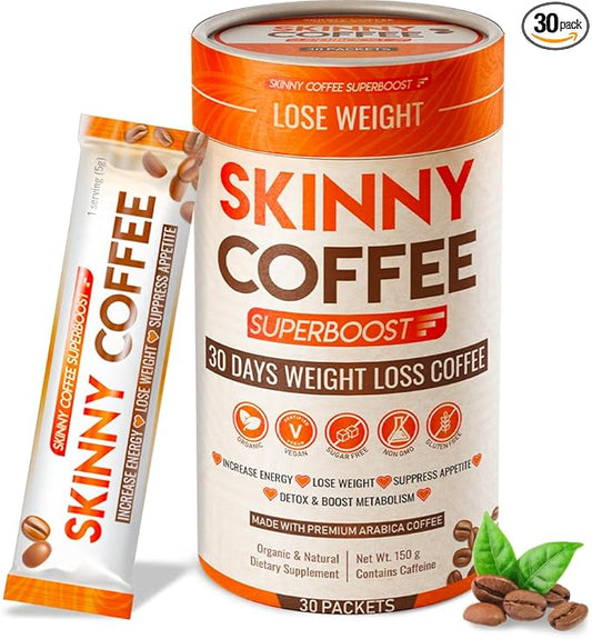 Skinny Coffee Super Boost Weight Loss Coffee, Belly Fat Burner for Women & Men, Sugar-Free, Keto, Vegan, Reduces Bloating, Supports Energy & Metabolism, Appetite Suppressant for Weight Loss (30 Packs)