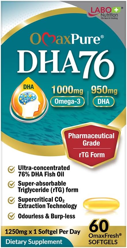 LABO Nutrition OmaxPure DHA76 Omega 3 76% 950mg 950mg DHA, 60 Count, CO2 Extracted