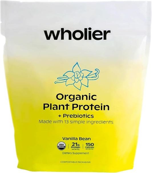 wholier Organic Plant Protein + Prebiotics. 21g of 5g of