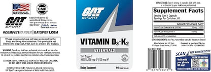 GAT SPORT Vitamin D3 K2, 5000 IU (125 mcg) Vitamin D, 60 Day Supply, Dietary Supplement for Bone, Teeth, Muscle and Immune Health Support, 60 Veggie Caps