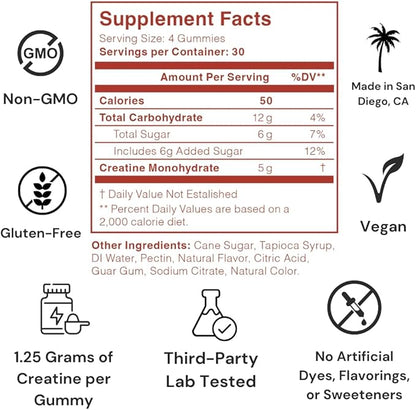 Creatine Monohydrate Gummies - 5000mg Watermelon Flavored Creatine Supplement for Men & Women - Supports Muscle Gain, Energy, Pre and Post Workout, Focus & Cognition, Recovery (120 count, 30 servings)