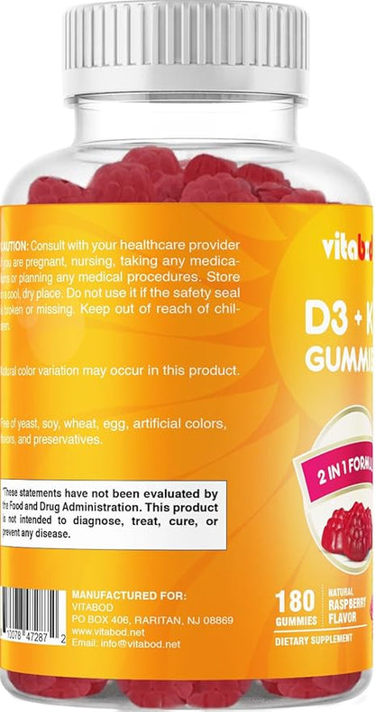 Vitamin D3 + K2 Gummies – Bone & Heart Health Support – 180 Pectin-Based Vegan Gummies