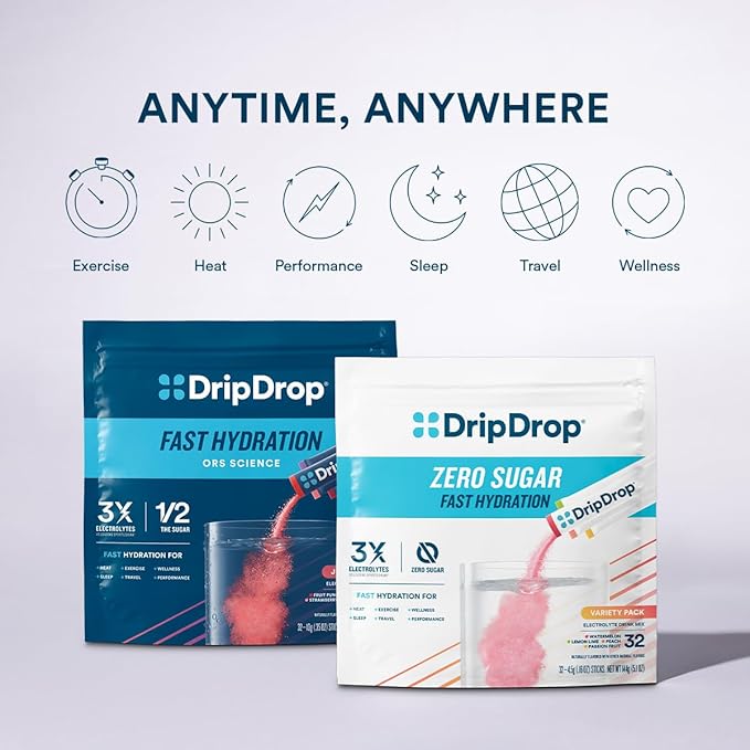 DripDrop Hydration - Zero Sugar Lemon Lime - Electrolyte Drink Mix Single Serve Powder Packets | Non-GMO, Gluten Free, Vegan | 32 Sticks