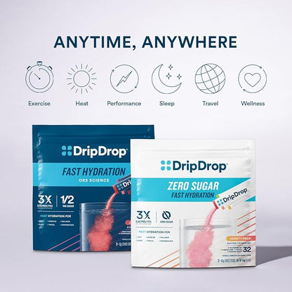 DripDrop Hydration - Zero Sugar Lemon Lime - Electrolyte Drink Mix Single Serve Powder Packets | Non-GMO, Gluten Free, Vegan | 32 Sticks