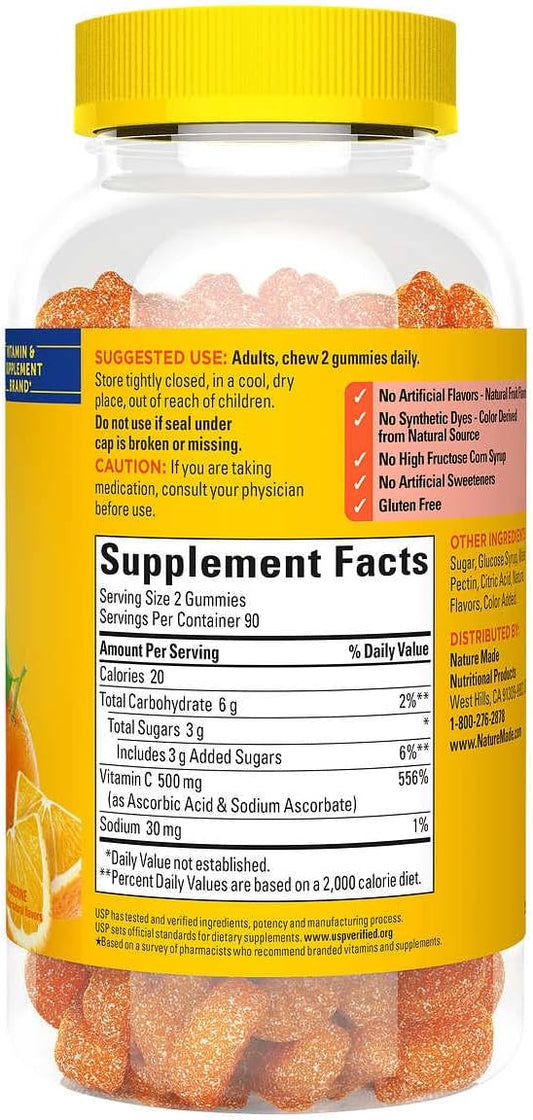 Nature Mades Extra Strength Vitamin C 500mg Adult Gummies, 180 Count Bundle, Immune Health and Antioxidant Support, 90 Day Supply