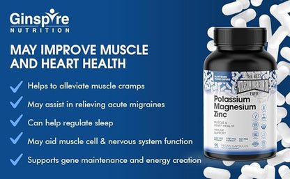 Magnesium Potassium Supplements w/Zinc - 90 Capsules - Magnesium Potassium Zinc for Vascular Health – High Absorption Vegan Potassium Magnesium Supplement for Leg Cramps & Sleep