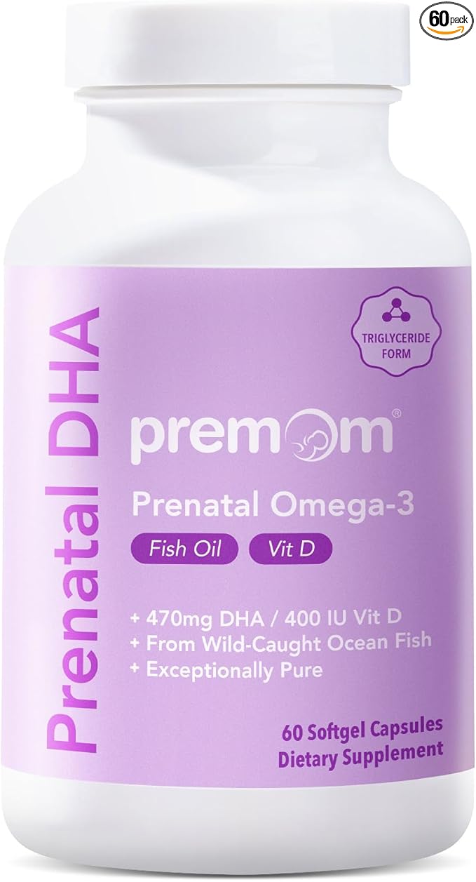 Premom Prenatal DHA Fish Oil: Triglyceride 3 with 470mg DHA, 200mg EPA 400 IU D3 Supplement