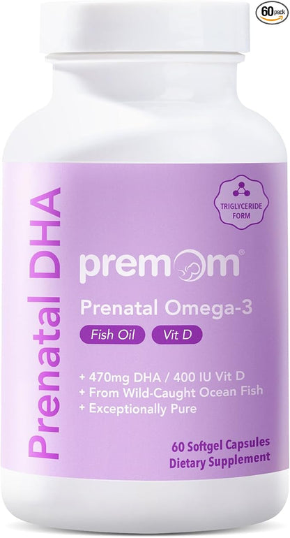 Premom Prenatal DHA Fish Oil: Triglyceride 3 with 470mg DHA, 200mg EPA 400 IU D3 Supplement