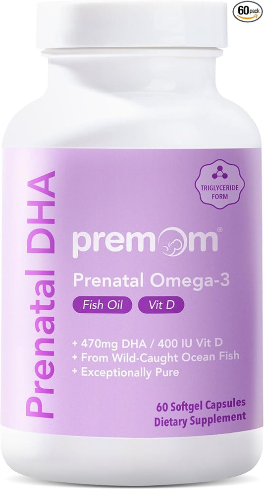 Premom Prenatal DHA Fish Oil: Triglyceride 3 with 470mg DHA, 200mg EPA 400 IU D3 Supplement