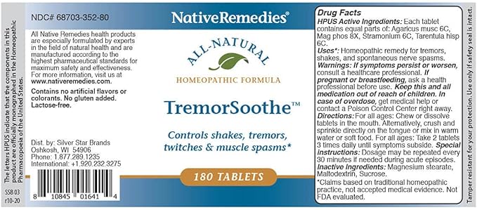 Native Remedies TremorSoothe - Natural Homeopathic Formula to Temporarily Control Shakes, Tremors, Muscle Spasms and Twitches -180 Tablets