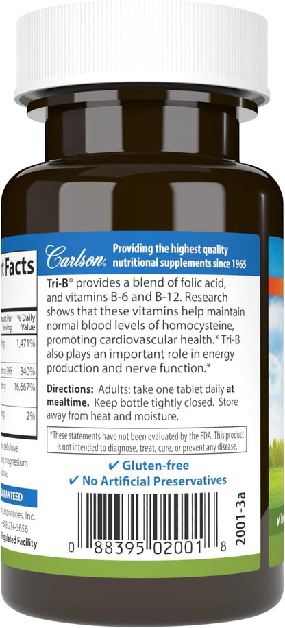 Carlson - Tri-B, Vitamin B Complex, 25 mg B-6, 400 400 mcg B-12, Folic B12 Supplement, 120 Tablets