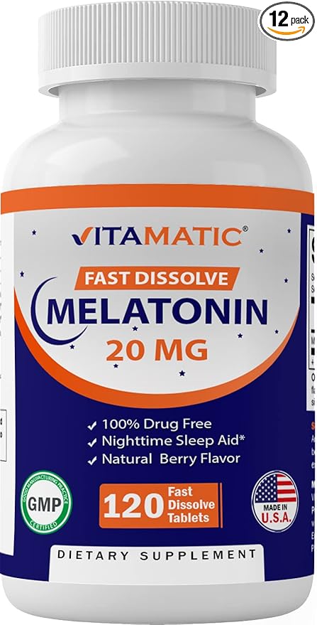 Vitamatic Melatonin 20mg Tablets 20 MG (1/2 Tablets 10mg) (120 (120 Count (12 Pack