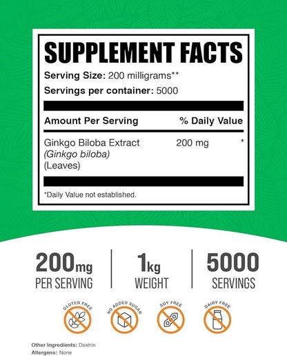 BulkSupplements.com Ginkgo Biloba Extract Powder 200mg per 1kg (2.2 (2.2 lbs) 1)