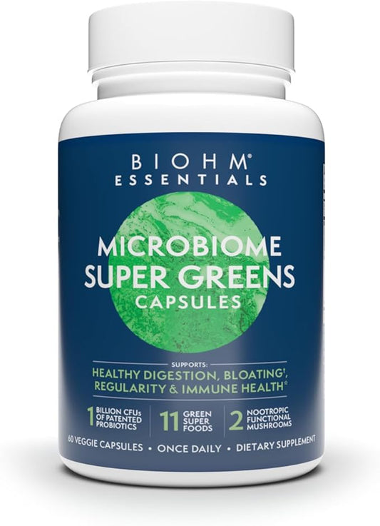 BIOHM Microbiome Super Greens Veggiecaps 11 Green 2 Nootropic 60 count (30 Servings)