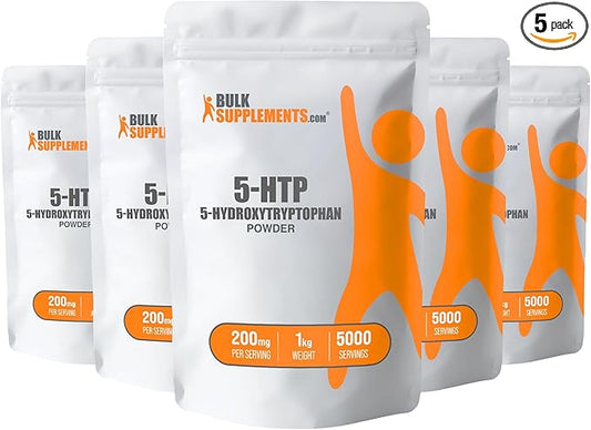 BulkSupplements.com 5-HTP Powder - 5-Hydroxytryptophan, 5 HTP Supplement - 5-HTP 200mg, Mood Support Supplement - Gluten Free, 200mg per Serving, 5kg (11 lbs) (Pack of 5)