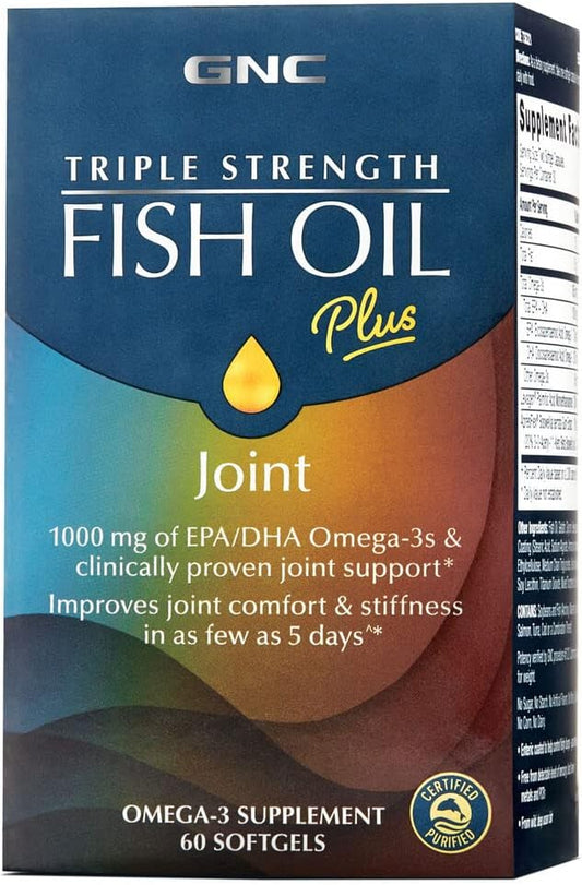 GNC Triple Strength Fish Oil Plus Joint 1000 mg Omega-3s, Improves 60 Softgels
