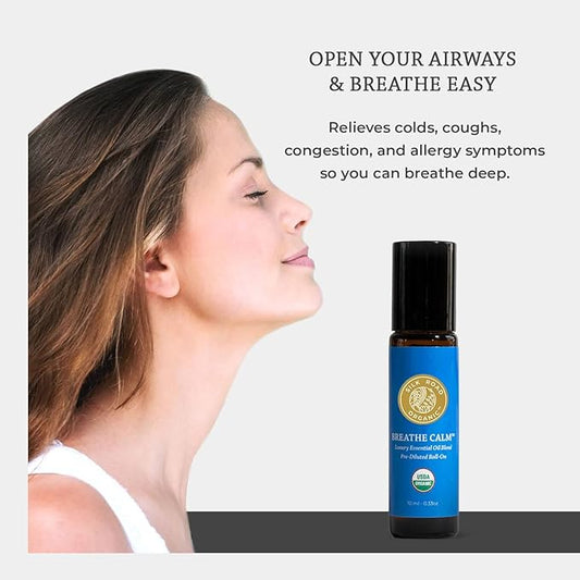 Organic Breathe Calm Essential Oil Breathe Easy Blend Roll On, 100% Pure USDA Certified Aromatherapy for Cold, Cough, Congestion, Allergy Relief, & Wellness - 10 ml Roller by Silk Road Organic