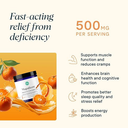 Ora Organic Magnesium Complex Powder Supplement - 4-in-1 Magnesium: Glycinate, Taurate, Malate & Citrate | Vegan, Gluten-Free | Tangerine Flavor | Calm Support for Sleep, Stress & Muscles | 30 Serving