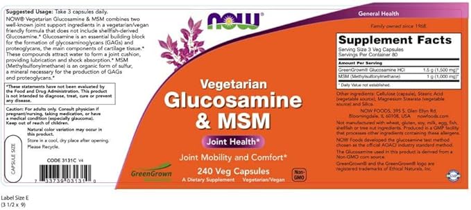 NOW Supplements, Glucosamine & MSM (GreenGrown® 240 Veg