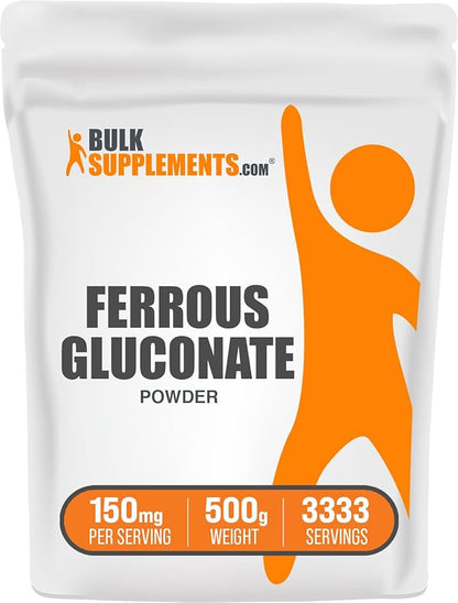 BulkSupplements.com Ferrous Gluconate Powder - Essential Mineral for Energy, Iron 18mg - Iron Supplements, Gluten Free, 150mg per Serving, 500g (1.1 lbs) (Pack of 1)
