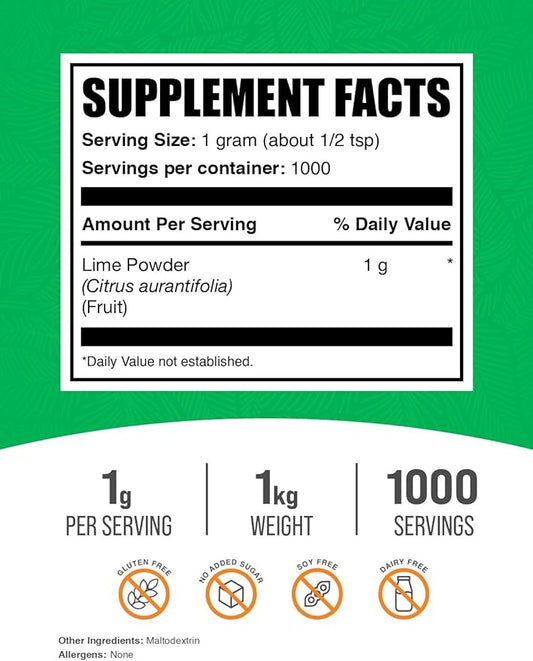 BulkSupplements.com Lime Powder - Dehydrated Lime Powder, Lime Fruit Powder, for Flavoring - Air Dried & Gluten Free, 1000mg per Serving, 1kg (2.2 lbs) (Pack of 1)