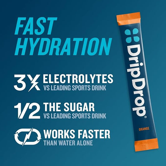 DripDrop Hydration - Orange - Electrolyte Drink Mix Single Serve Powder Packets | Non-GMO, Gluten Free, Vegan | 32 Sticks