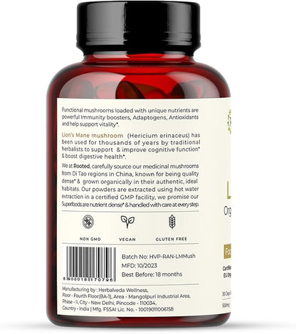 ROOTED Lions Mane Mushroom Extract Capsules (60 Veg 500 mg) 38% Beta