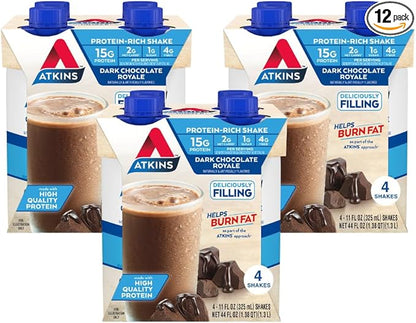 Atkins Dark Chocolate Royale Protein Shake, 15g Protein, Low Glycemic, 2g Net Carb, 1g Sugar, Keto Friendly, 12 Count