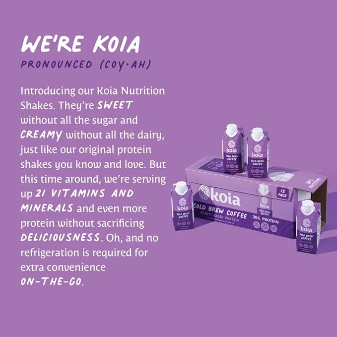 Koia - Plant Based Protein Shake - Cold Brew Coffee - 20g Protein, 3g Sugar, 6g Prebiotic Fiber, 21 Vitamins & Minerals - Dairy Free, Soy Free, Non GMO - Meal Replacement Drinks - 11 fl oz, 12 Bottles