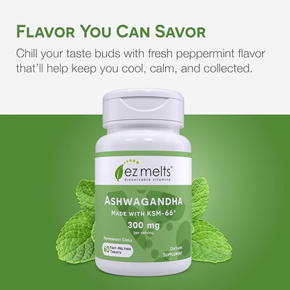 EZ Melts Dissolvable KSM-66 Ashwagandha®, 300 mg, Sugar-Free, Stress, Sleep and Mood Support Supplement, 30-Day Supply, Peppermint Chill-Flavor